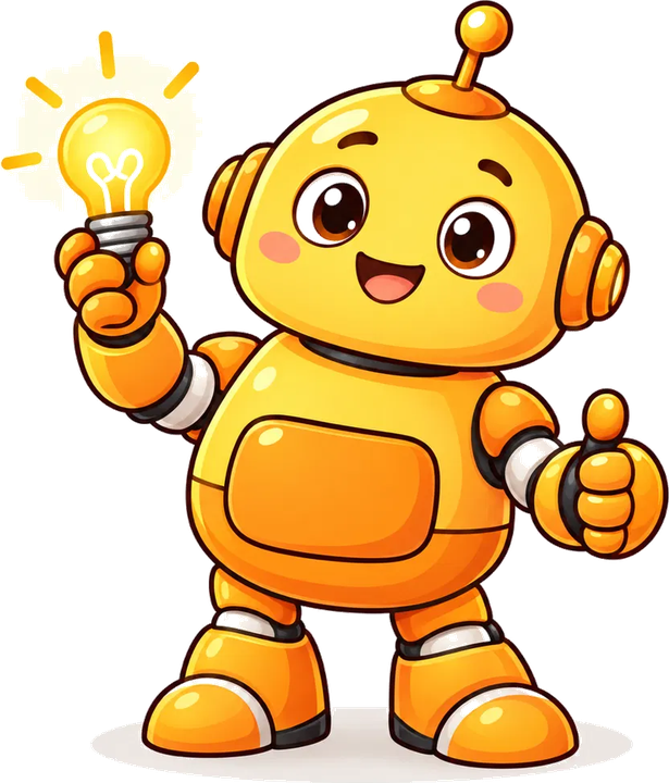 La mascotte de Mes Trucs IA, un petit robot orange qui tient une ampoule et lève le pouce